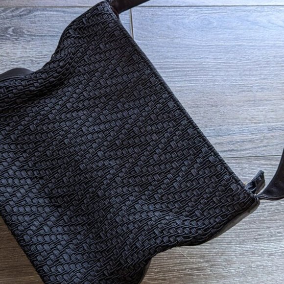 VINTAGE Leather & Woven Fabric Purse Black Shoulder Bag Whimsygoth Mesh 90s - Picture 8 of 10